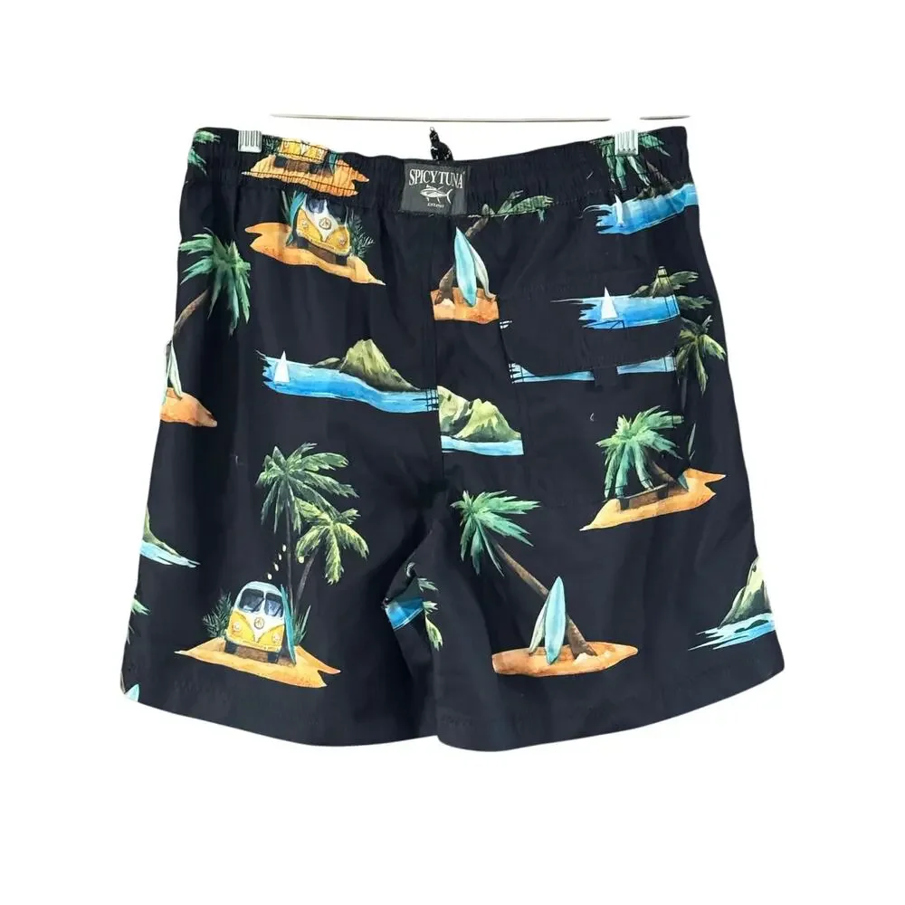 Spicy Tuna Mesh Lined Drawstring Swim Trunks Men Small black Retro VW Multi NWT
